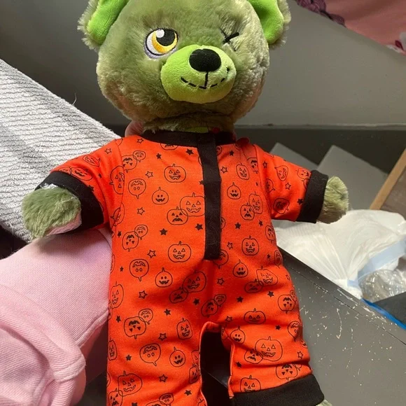 Build a bear zombie bear Green Plush Bear with Orange Pumpkin Pajamas - Picture 4 of 4